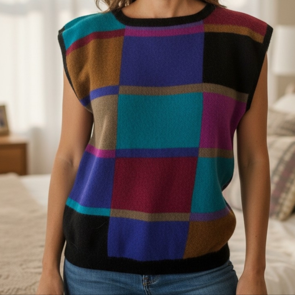 90s‎ vintage women's multi color block lambs wool knit sweater vest size small